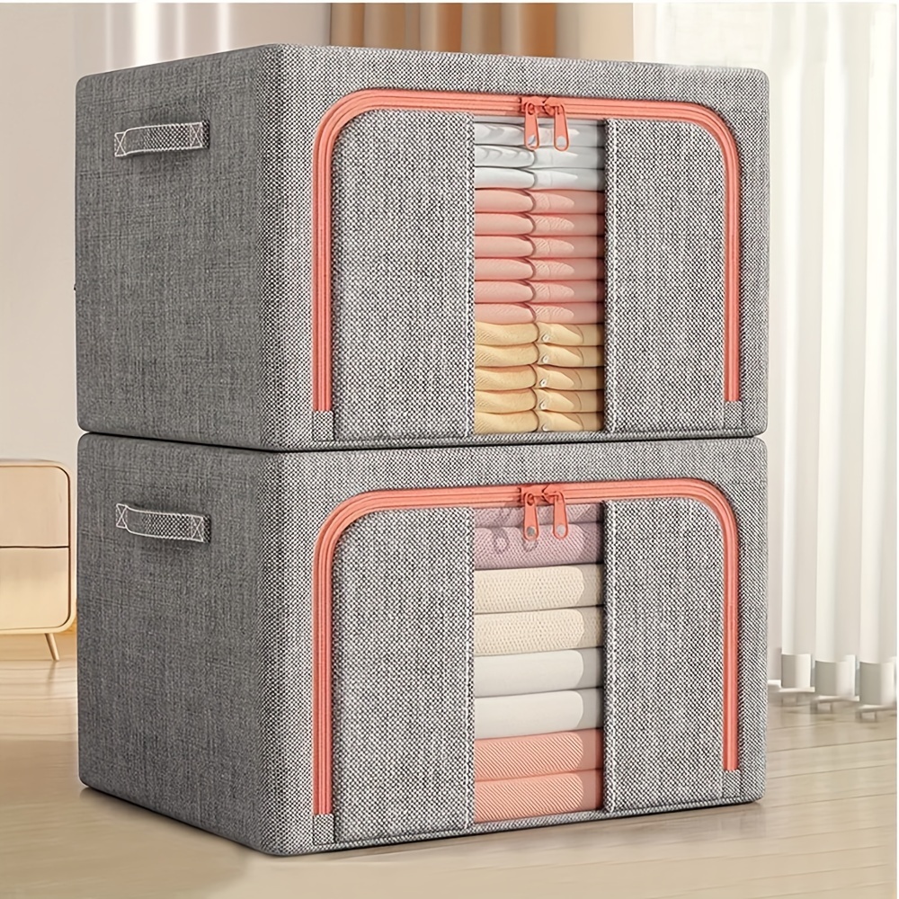 

2pcs 66l Large Capacity Storage Bins With Metal Frame - Stackable, Foldable Organizer Boxes For Clothes & Toys, / With Viewing Window, Baskets, Bins & Containers For