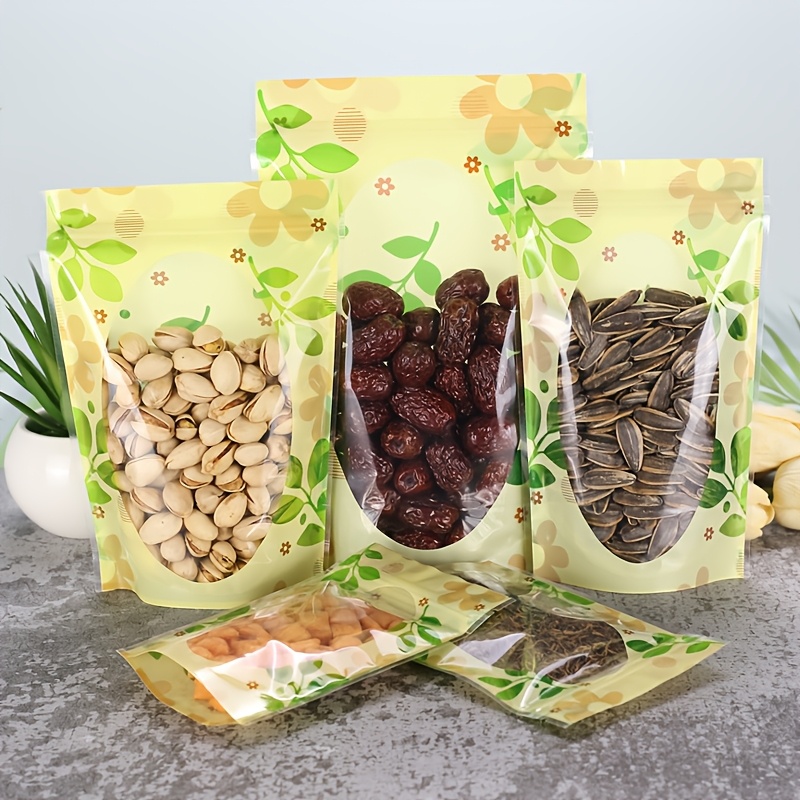 

50pcs Sacs Auto-Adhésifs Transparents Imprimés Feuilles Réutilisables pour le Stockage Alimentaire & de Bonbons - Pochettes Ziplock en Plastique Colorées, Non Enduites, Sacs Plastiques Scellables