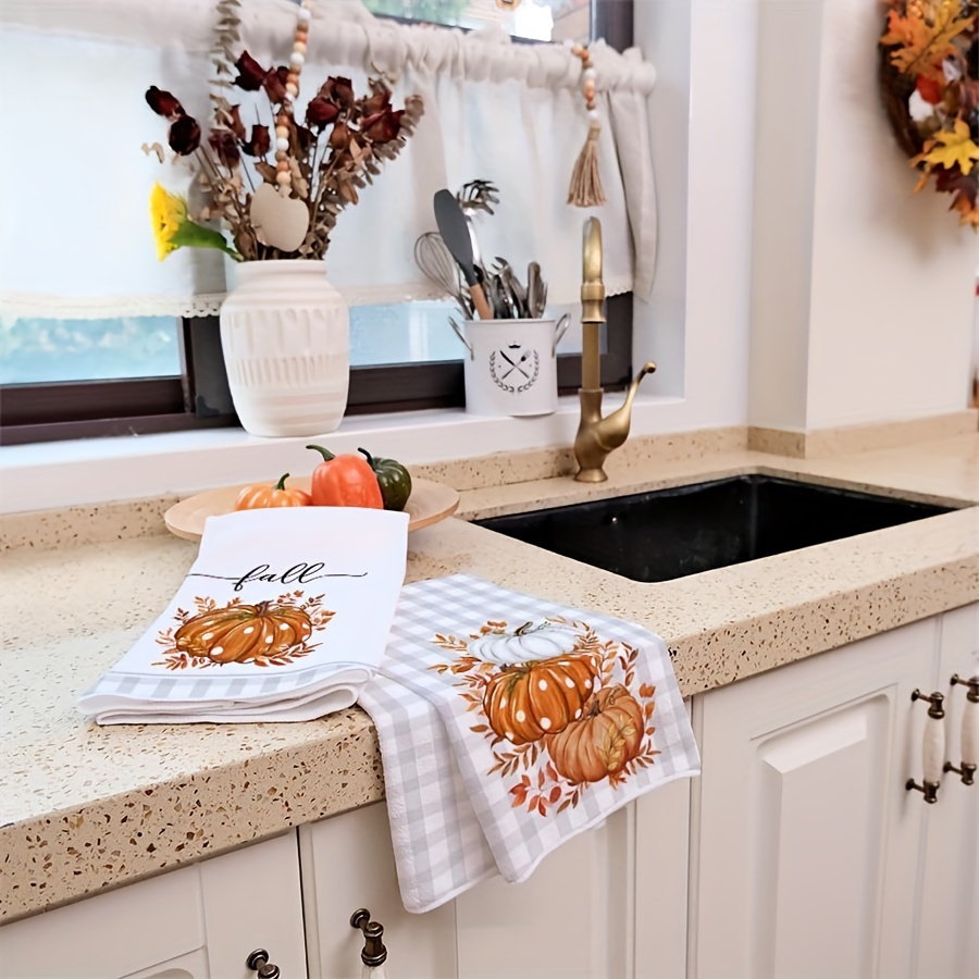 

2-pack Autumn Kitchen Towels Set With Orange Pumpkins & Gray Gingham, Super Soft Microfiber Dish Towels, Farmhouse Fall Decor, Food-themed Knit Weave Cleaning Cloths