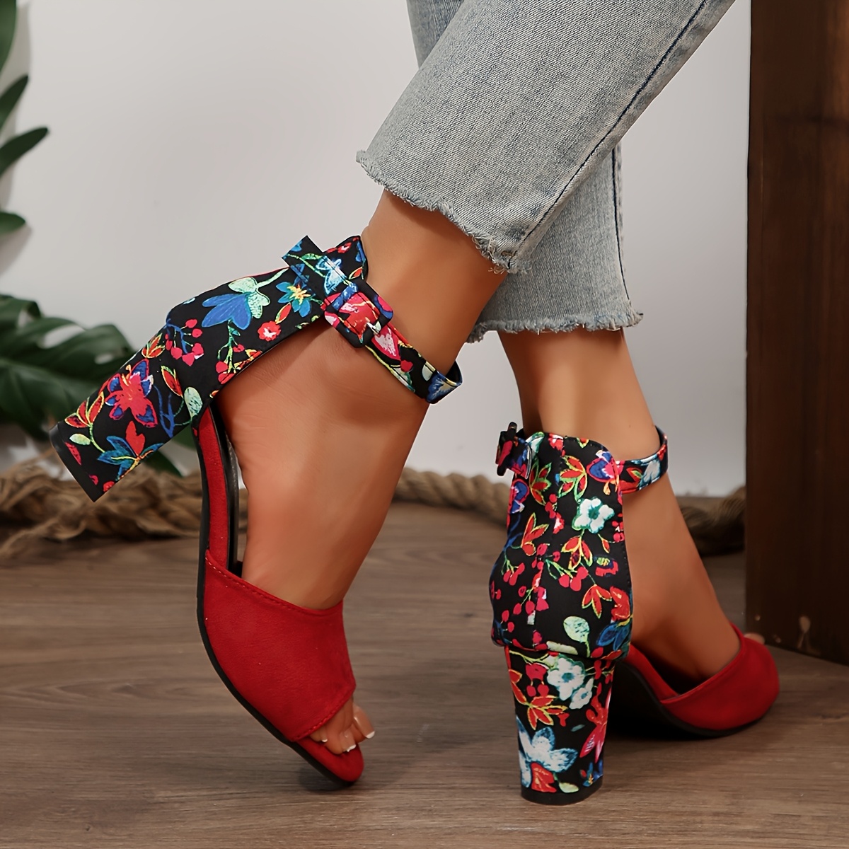 Ankle Strap Floral Pumps Ladies Women's Floral Print Block Heel