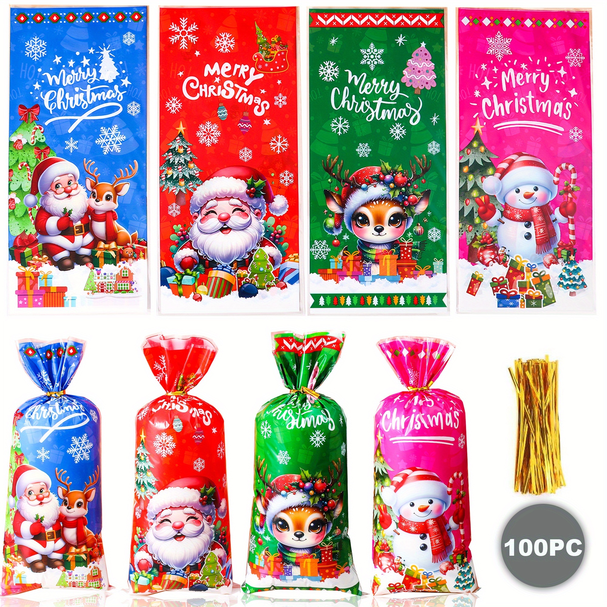 Image of 100 Christmas Gift Bags With Golden Twist Ties, Perfect For The , In 4 Styles For Festive Party Giveaways