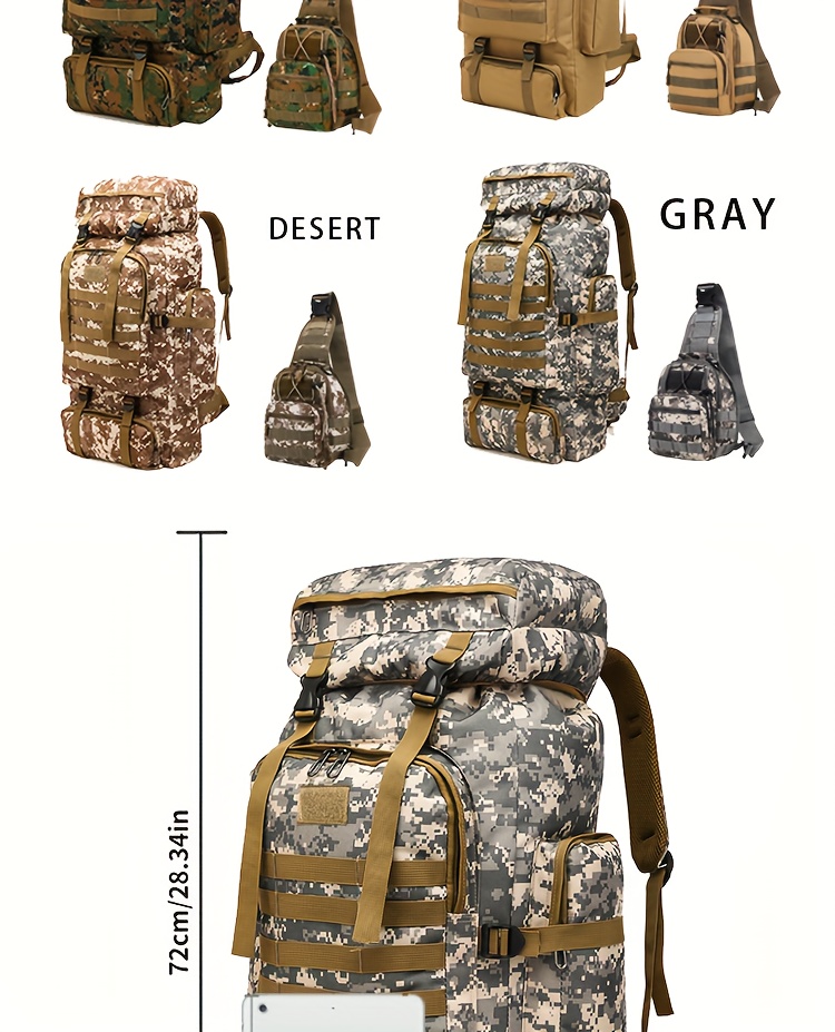 2pcs Set 21.13gal Hiking Backpack Tactical Backpack Camping Mountaineering Bag Tactical Backpack 3 Day Assault Pack Chest Pack Large Camping Unisex Camouflage Outdoor with DIY System, Camping, Hunting, Hiking, Sports, Men's Traveling Camping Hunting, JUMAHE