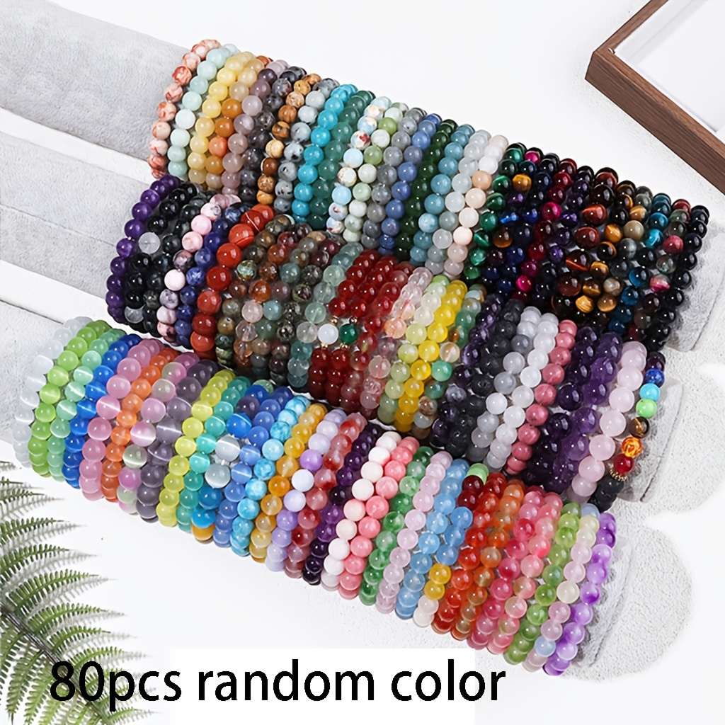 TEMU 80pcs Random Color Vintage Glass Bead Elastic Bracelets - Unisex , Multi-colored Beads, Durable Suitable For Men And Women, Birthday And Gifts,