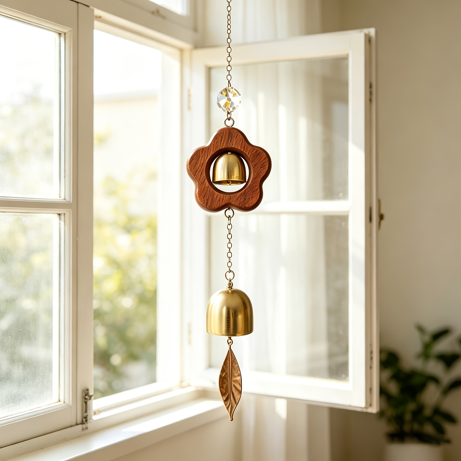 TEMU Solid Wood Flower Wind Chime, Rustic Wooden Flower With Brass-colored Bell Decorations Hanging Ornament, Leaf Pendant Suspended Bell Hanging