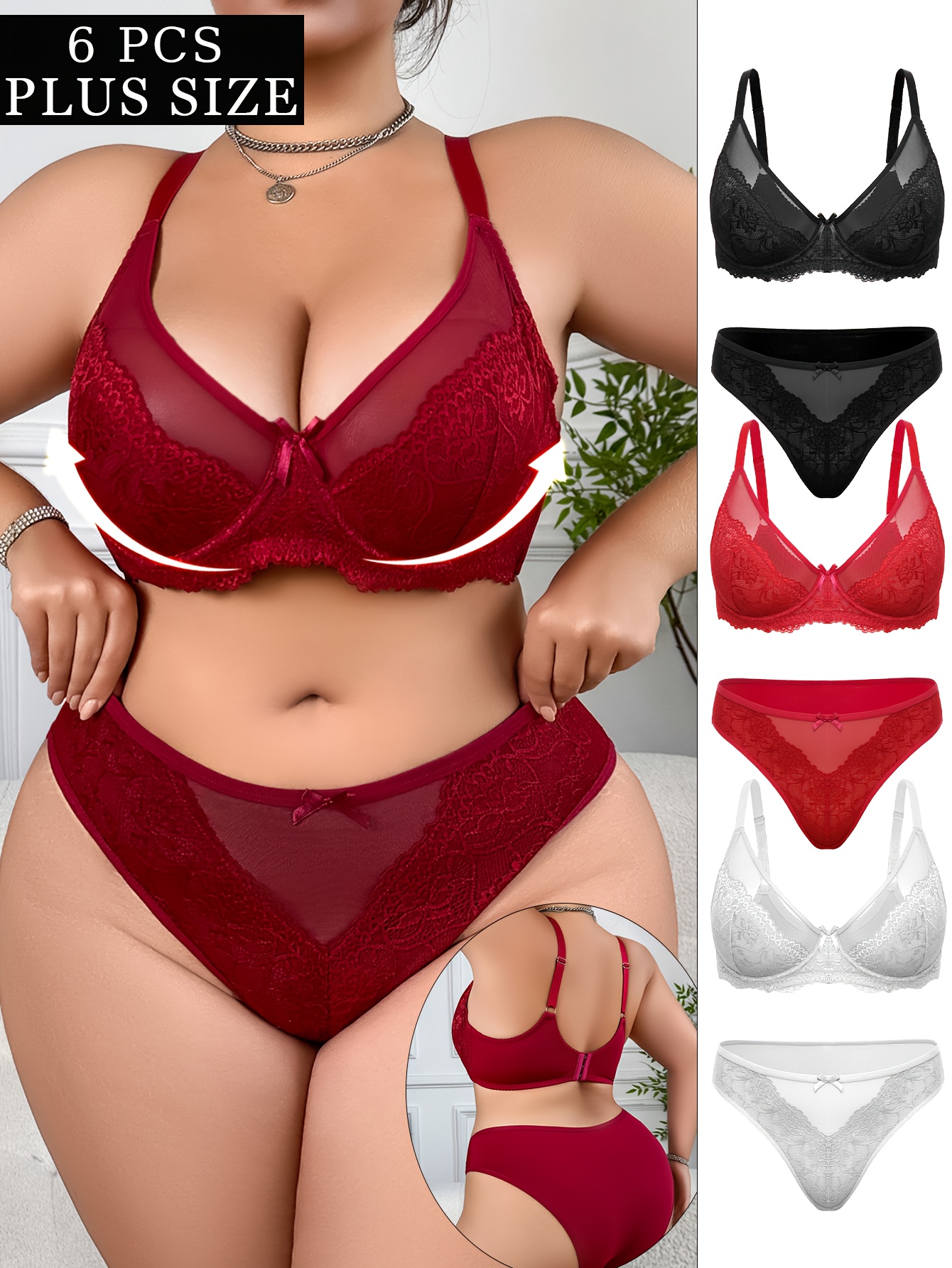 6-delig Dames Plus Size Sexy Lingerie Set, Bloemenborduurwerk Doorschijnende BH en Mesh Lage Taille Slipjes, Stalen Cirkel Lift Anti-Sag, Ademende en Comfortabele Kant BH Set met Verstelbare Bandjes en Strik Decoratie, Dagelijkse Lingerie en Slipjes