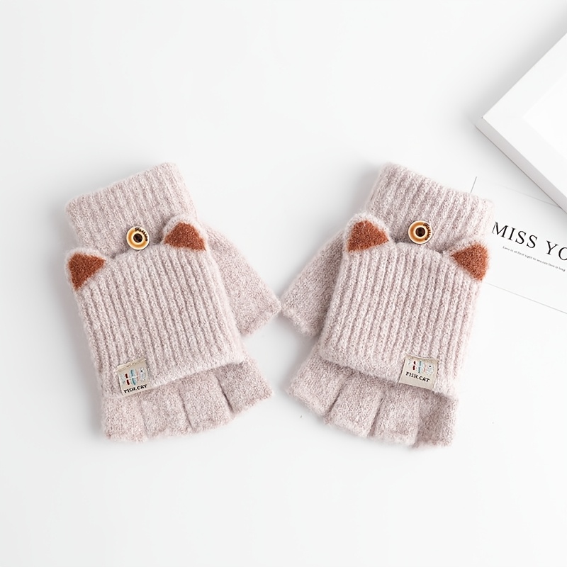 TEMU 여성 & 유니섹스 겨울 플립핑거 고양이 귀 장갑 - 방풍 보온 플립탑 핸드워머, 캐주얼 솔리드 컬러 다섯 손가락 장갑, 추운 날씨용, 대부분의 손에 적합한 신축성 (세탁 불가)