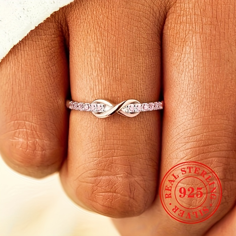 

925 Sterling Silver Inlaid Artificial Synthetic Pink Gemstone Two-color Infinity Ring Ladies Jewelry Thin Ring