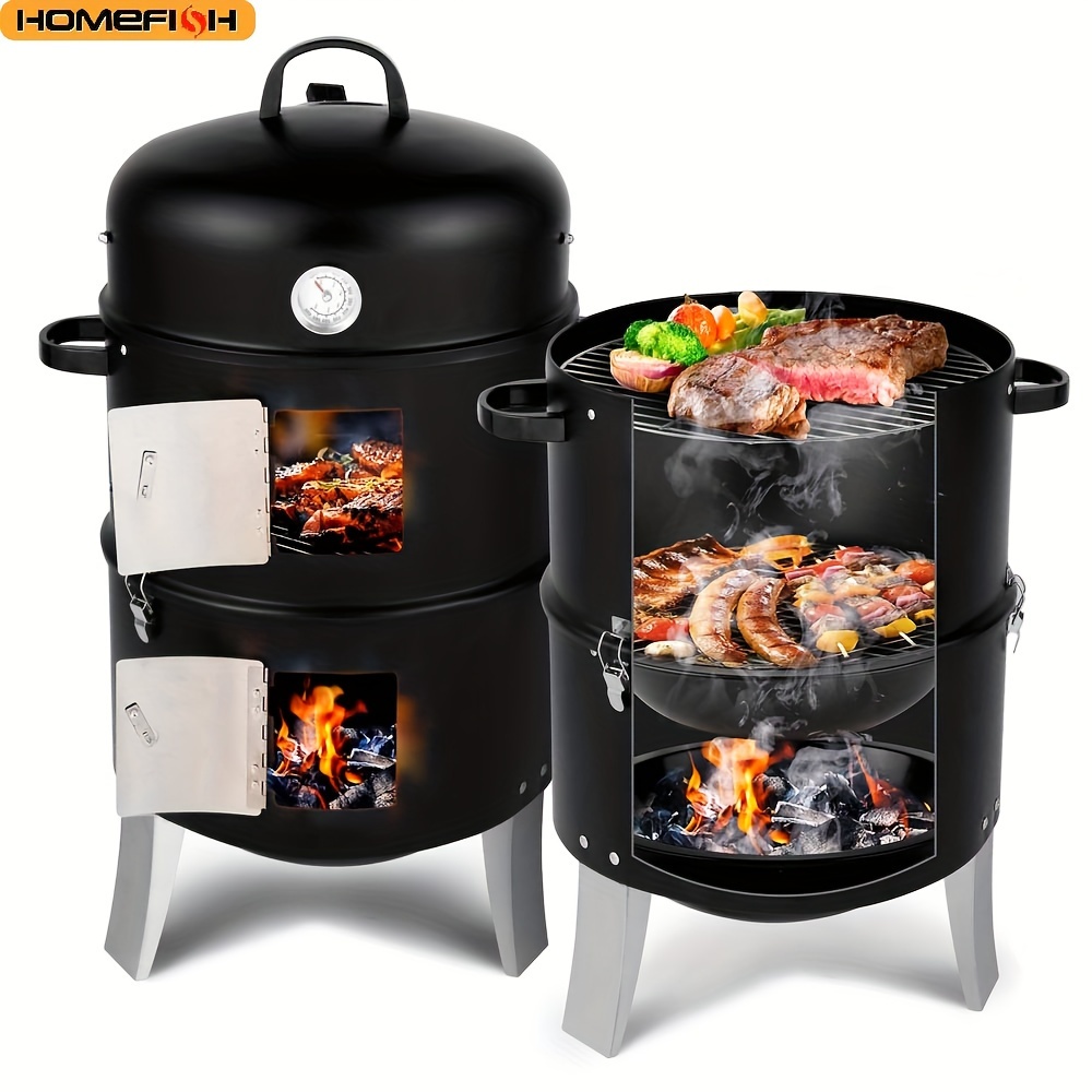 

[homefish] 1pc 47*41.5*82cm Cylindrical Vertical Steel Charcoal , Heavy Duty Double Layer Round Bbq Grill For Outdoor Cooking, Black, Stainless Steel, Iron