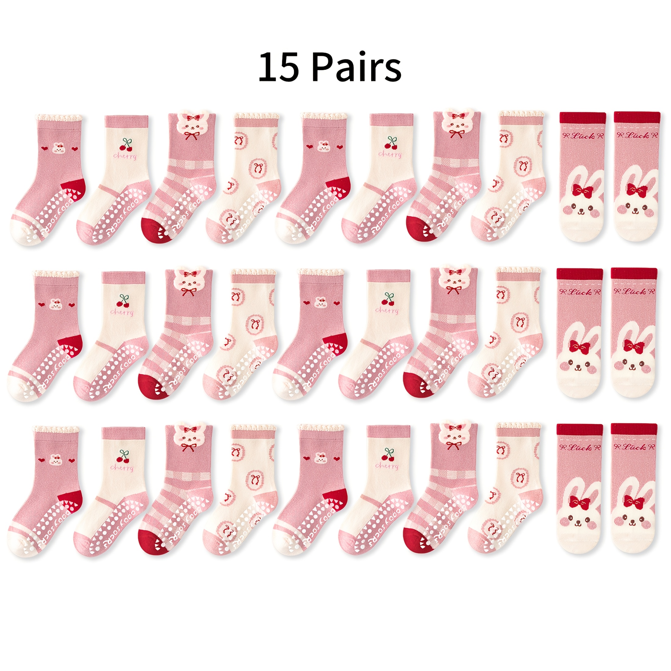 Image of 15 Pairs Of Children's Floral Pattern Gel Sole Floor Socks, 3d Toddler Socks For Girls, Soft Sole Indoor Non-slip Striped Letter Mid-calf Socks, Suitable For For Casual Daily Life