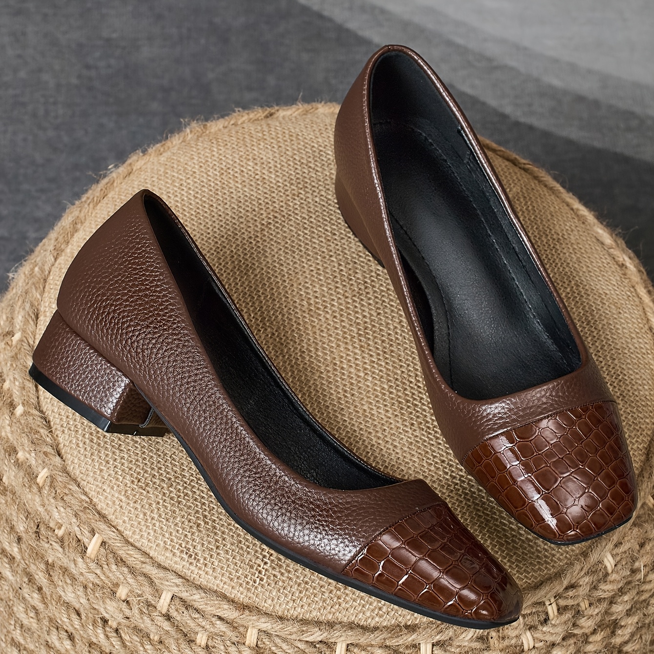 women's brown dress shoes low heel Quaouag Loafers for Women Slip On Shoes Casual Work Office Dressy Shoes day for little feet Cognac Embossed Leather Lower Block