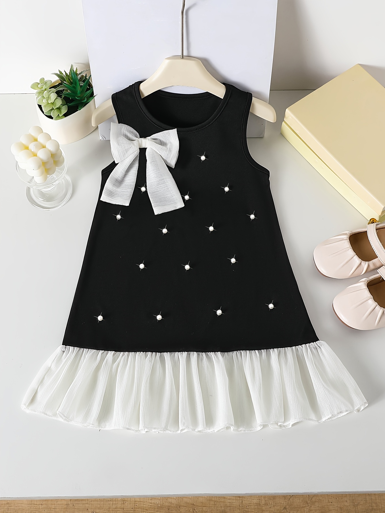 girls casual dress elegant romantic round neck sleeveless dress with front bow and beaded mesh hem suitable for summer outdoor casual wear   valentines day outfit