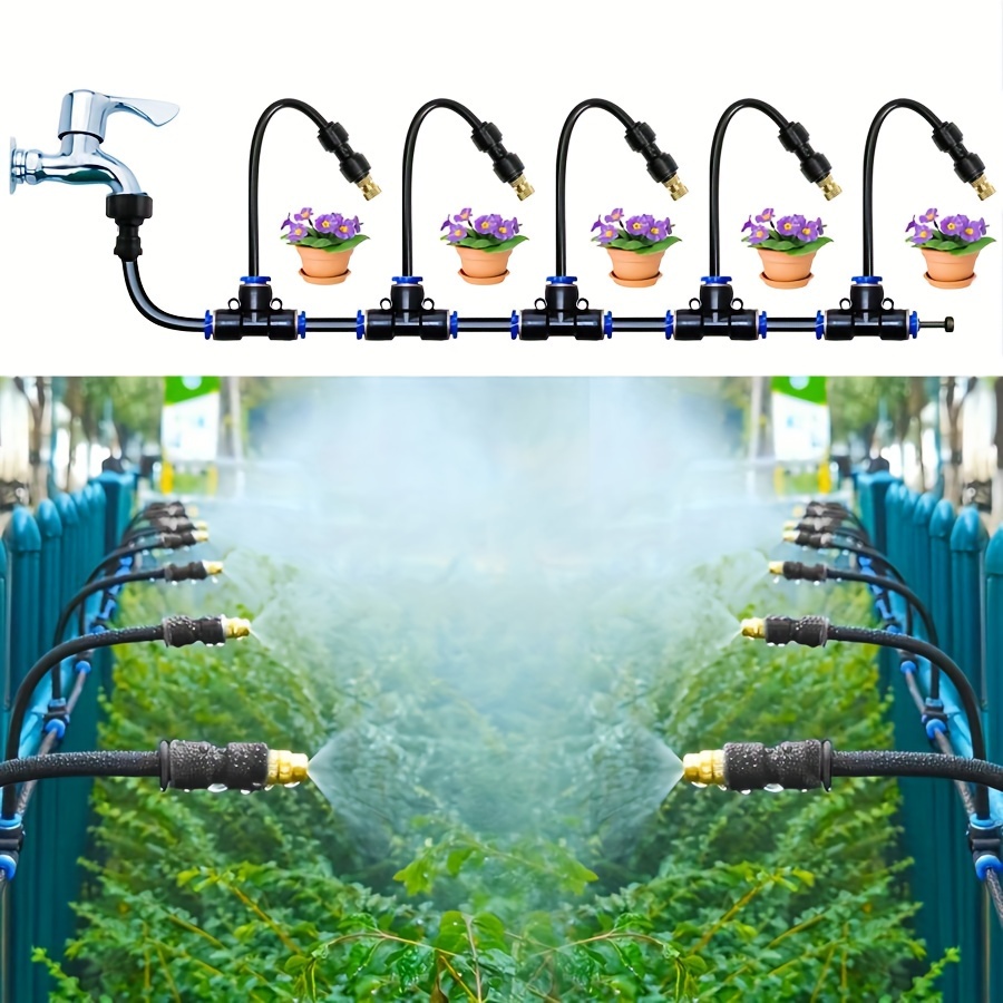 

Automatic Drip Irrigation Kit With 360° Rotatable Misting Nozzles, 15 Yellow Brass Nozzles, 50ft (15m) Hose, And Accessories For Patio And Garden Watering