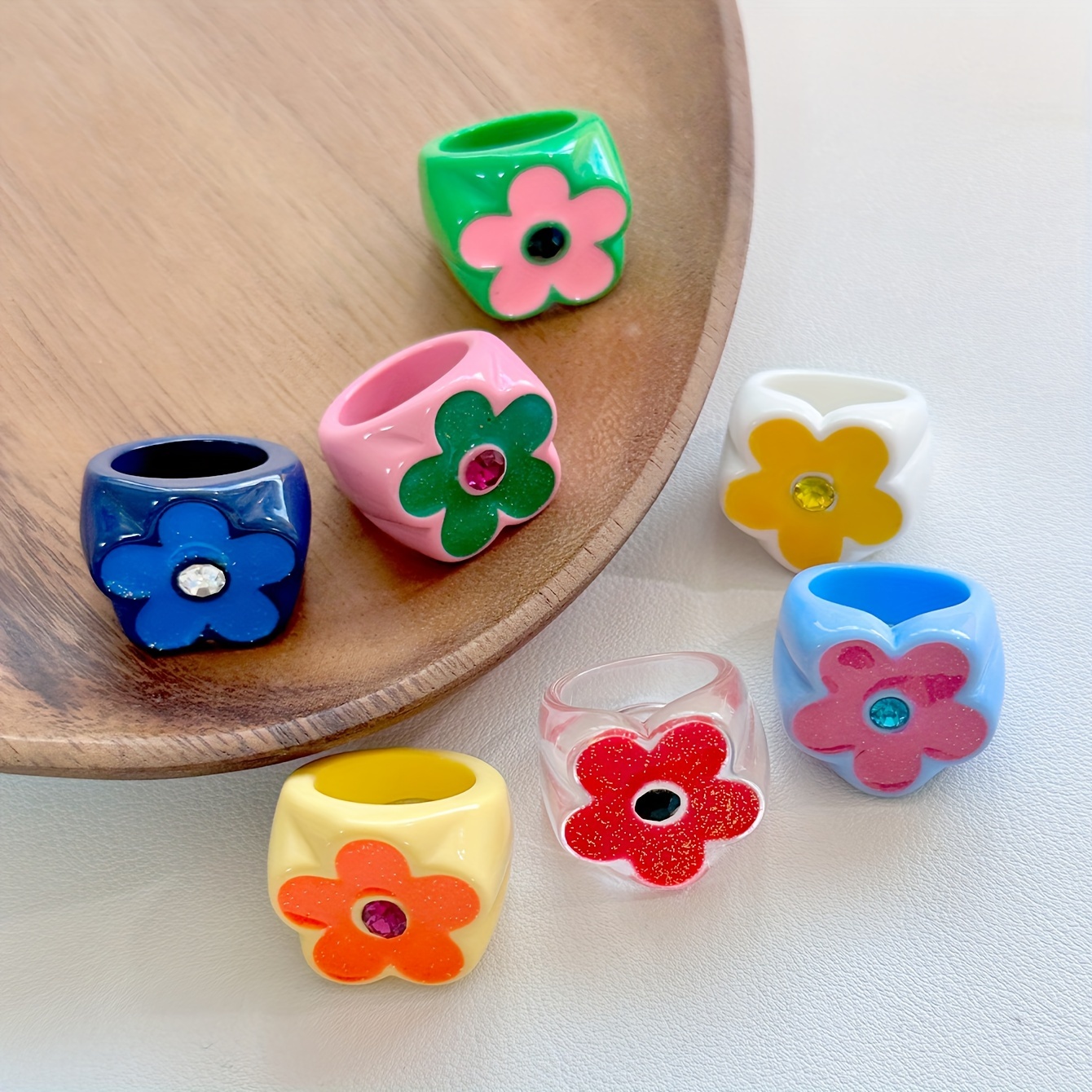 7pc Colorful Flower Resin Ring Set, Fashionable Gift