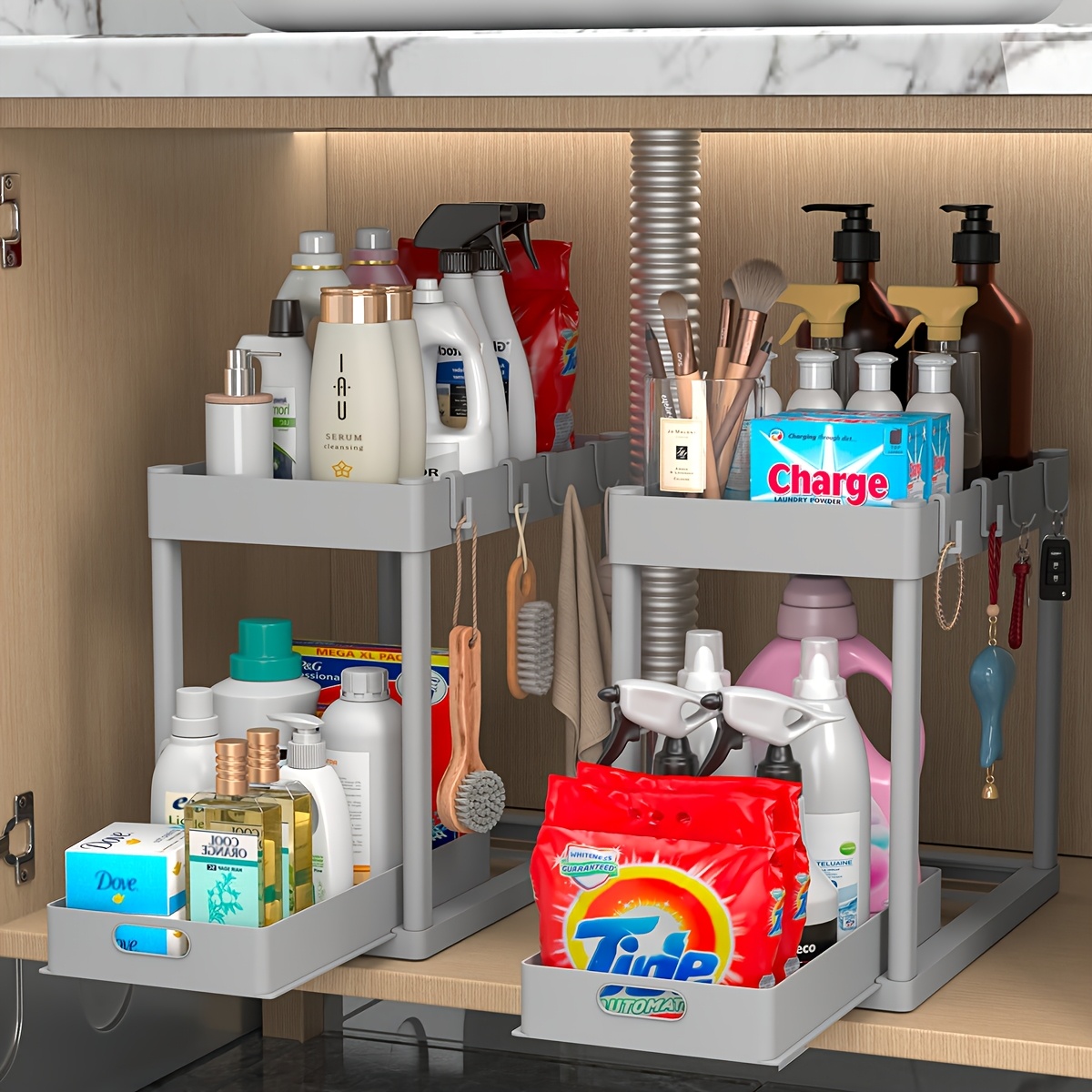 under sink organizer 2 pack kitchen cabinet organizer 2 tier sliding cabinet basket organizer drawer multi purpose baskets for kitchen under counter storage organizer with 8 hooks details 5