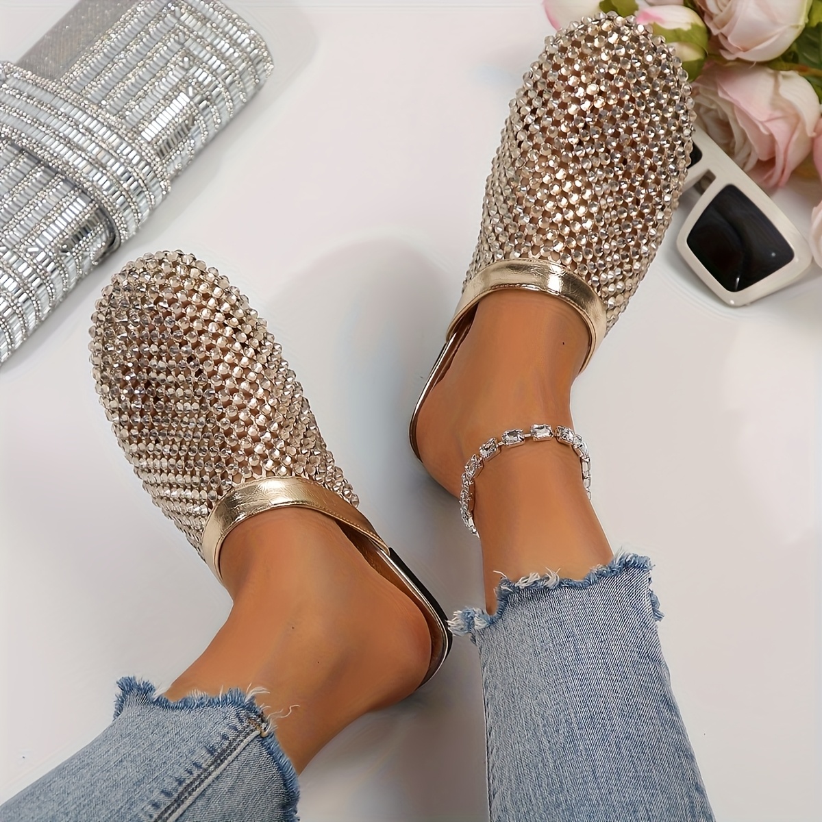 Women'S Sparkling Round-Toe Slip-On Mules with Low Heel - Golden Tone, Faux Upper, Synthetic Insole, All-Season Comfort Shoes, Fashion Footwear|Sparkling Detail|Synthetic Upper, Mules