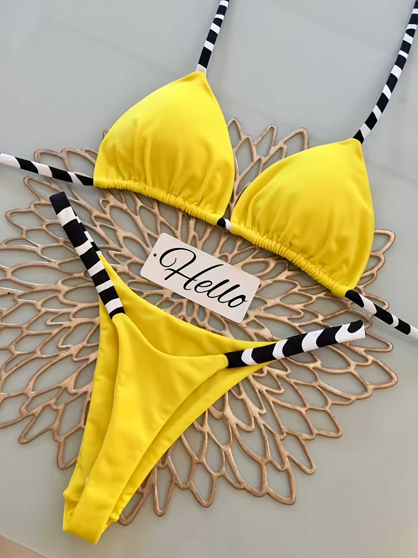 damski 2-częściowy bikini -   top trójkątny bez pleców & spodenki z wiązaniem po bokach, wysokoelastyczny kostium kąpielowy z pełnym pokryciem i wiązaniem w zebrę, jednokolorowa odzież plażowa na basen, letnie wakacje (nie, można prać ręcznie)