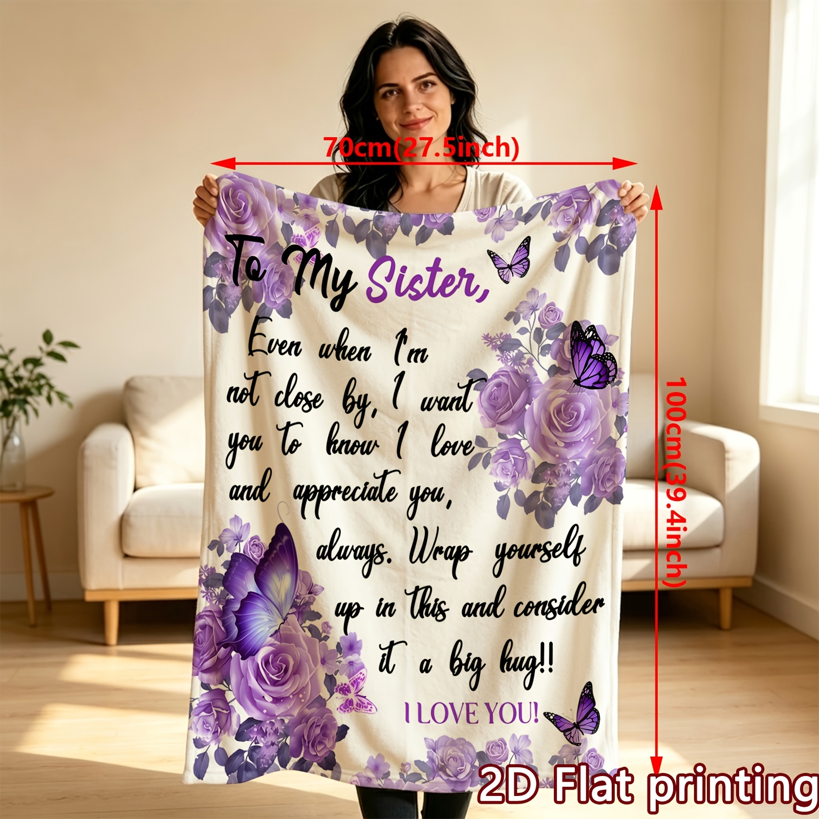 TEMU 2d Flat Printed 1pc Comfortable Love A Flower Purple Rose Emotional Blanket For Sisters, Soft And Warm, Ideal For , Designed With Theme Prints,