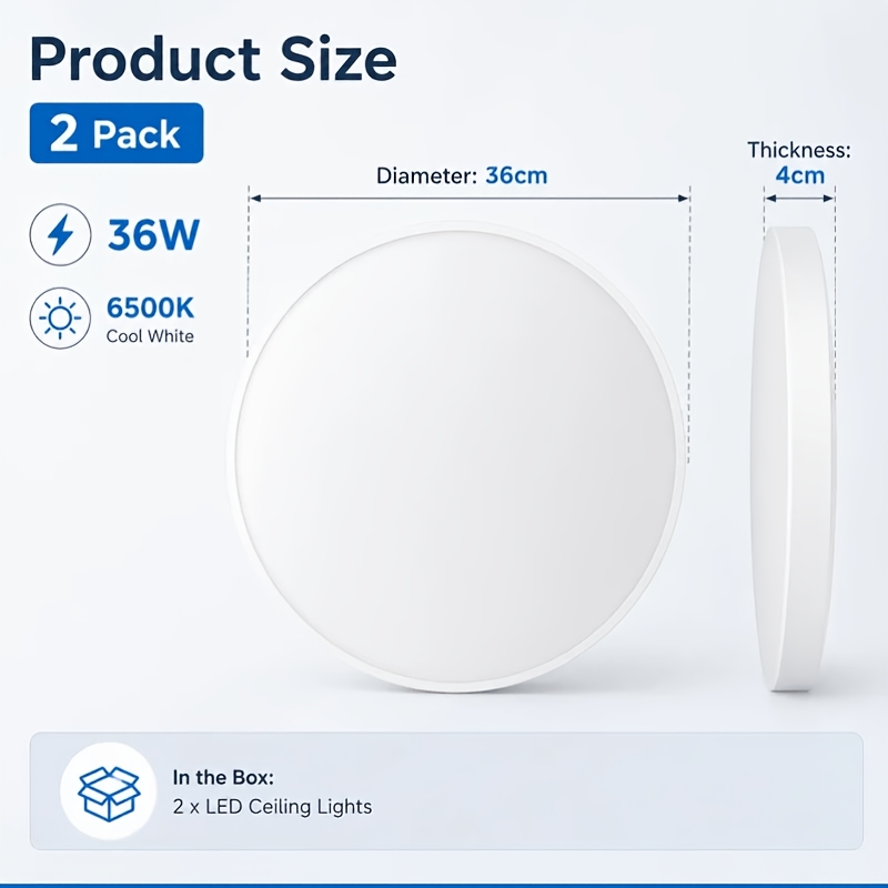 2pcs Led Ceiling Light 36w 6500k Cool White Round Flush Mount Ultra Thin 4cm Ceiling Lamp Bright Led Ceiling Lighting For Bedroom Room No Cri80+