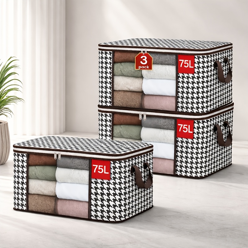 TEMU 3/6pcs 75l Large Clothing Storage Bags With Clear Window & Reinforced Handles, Foldable Closet Organizers For Comforters, Blankets, Bedding &