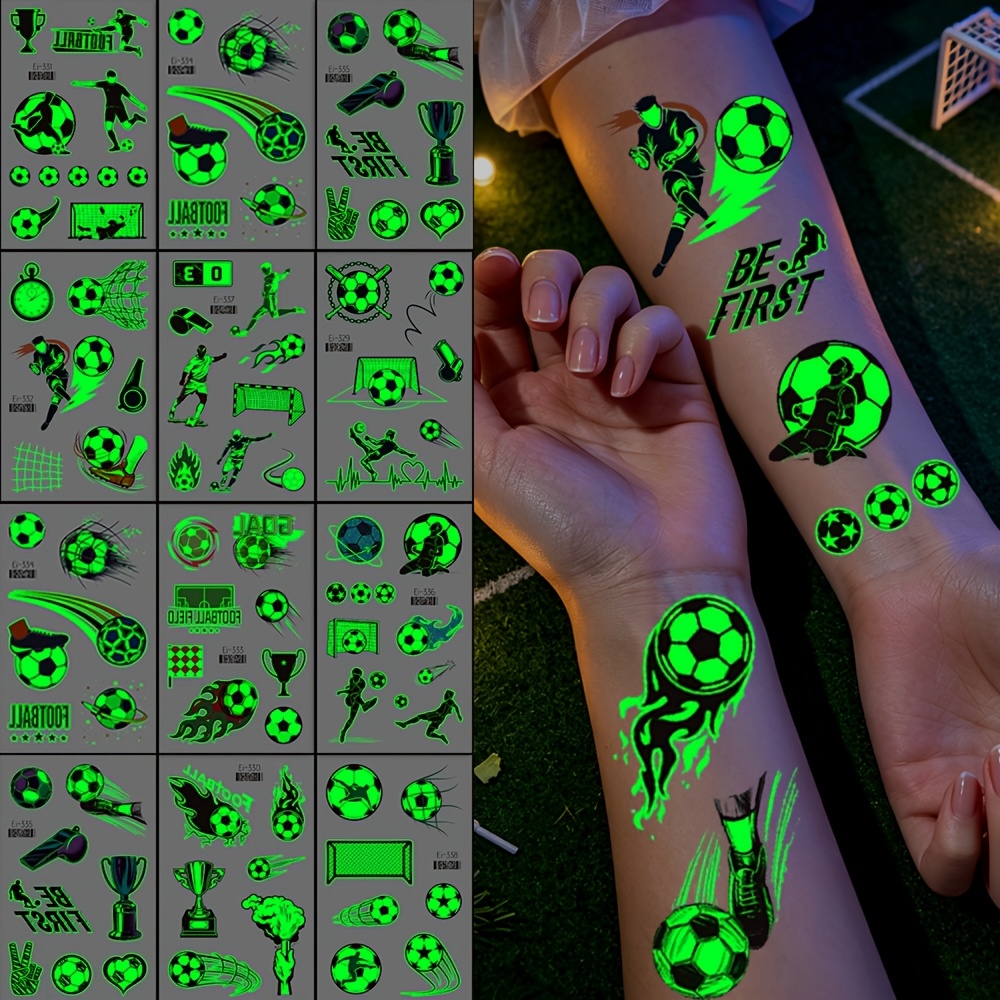 TEMU 12 hojas de tatuajes temporales impermeables y luminosos de fútbol, pegatinas para la cara que en para al fútbol, rellenos para bolsas y