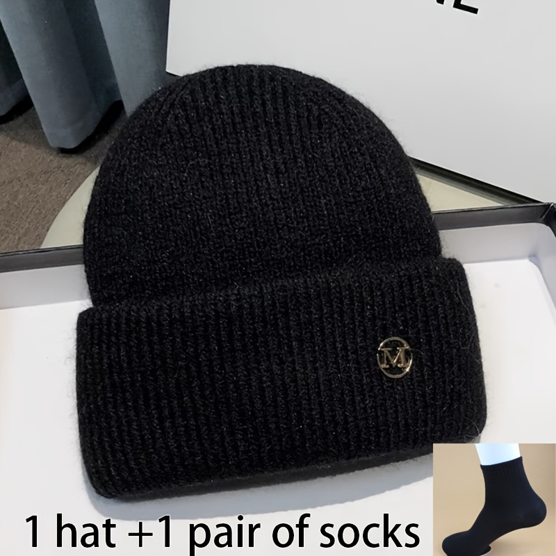 TEMU Комплект от 2 части (1 шапка + 1 чифт чорапи) Нови есенни и зимни шапки за жени, М-етикетиране кежуал шапки, Удебелени топли шапки за мъже и