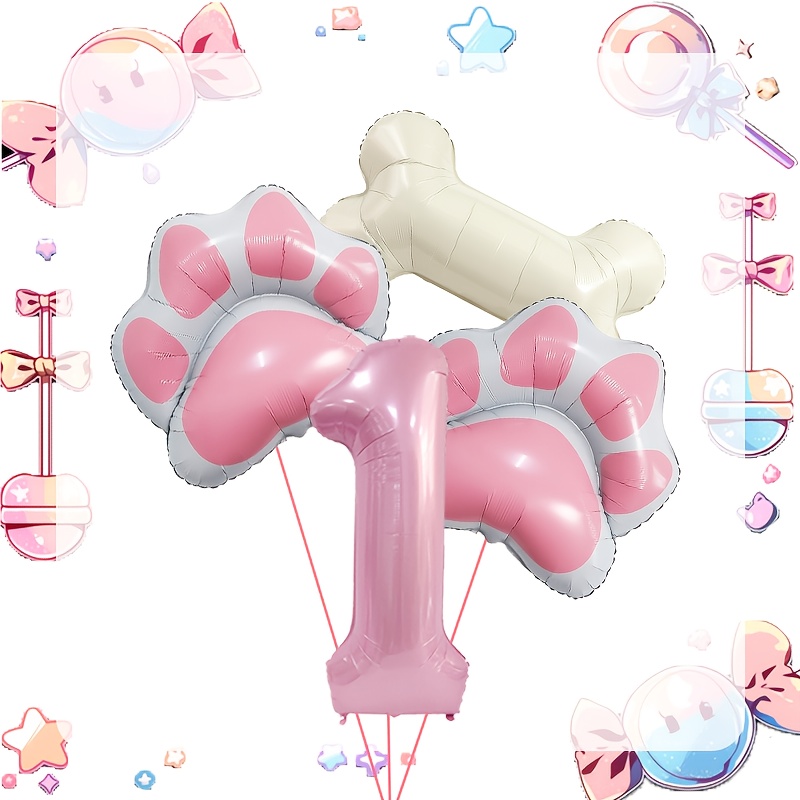 Image of Dog Pink Number Balloon, 4pcs Film Balloon Set, Including Bone, Paws, And 1 Number Film Balloon, Celebrating Dog Birthday Birthday Party Decorations, For Halloween, Christmas