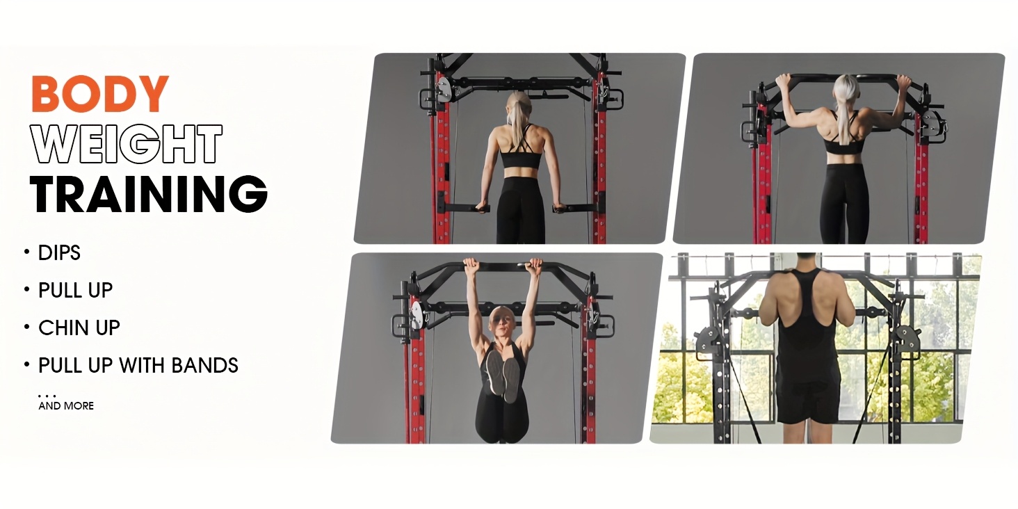 8 in 1 power rack cage with 1500lb capacity cable crossover machine multi function squat rack with j hooks dip bars and     plate loaded home gym equipment red Product details 3