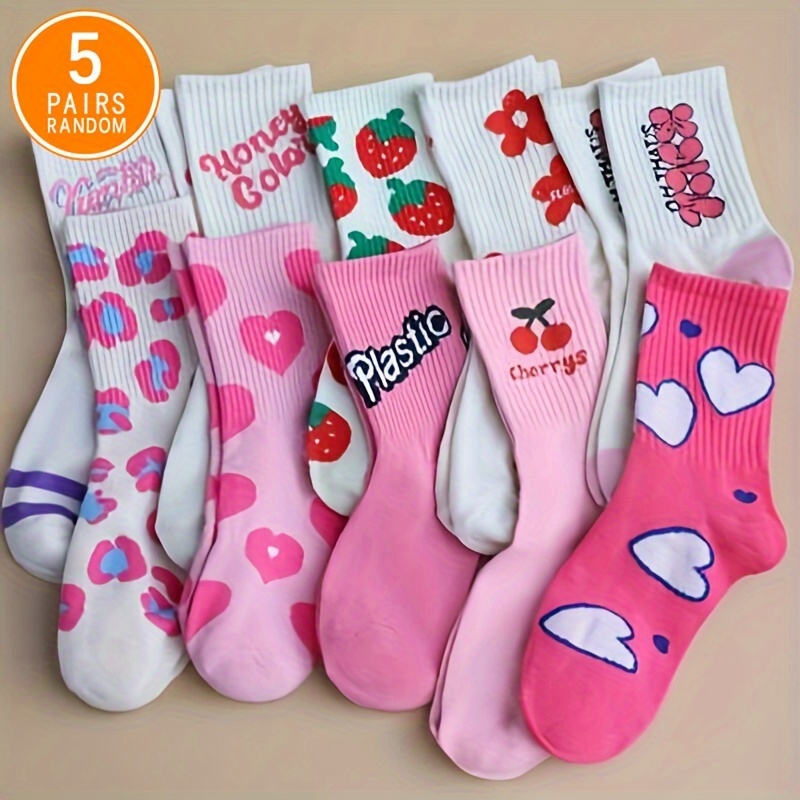 5 Pairs Of Random Color Medium-length Women\'s Socks For Spring And Autumn, Japanese-style Versatile, Pink, Strawberry Print, Comfortable Long Socks