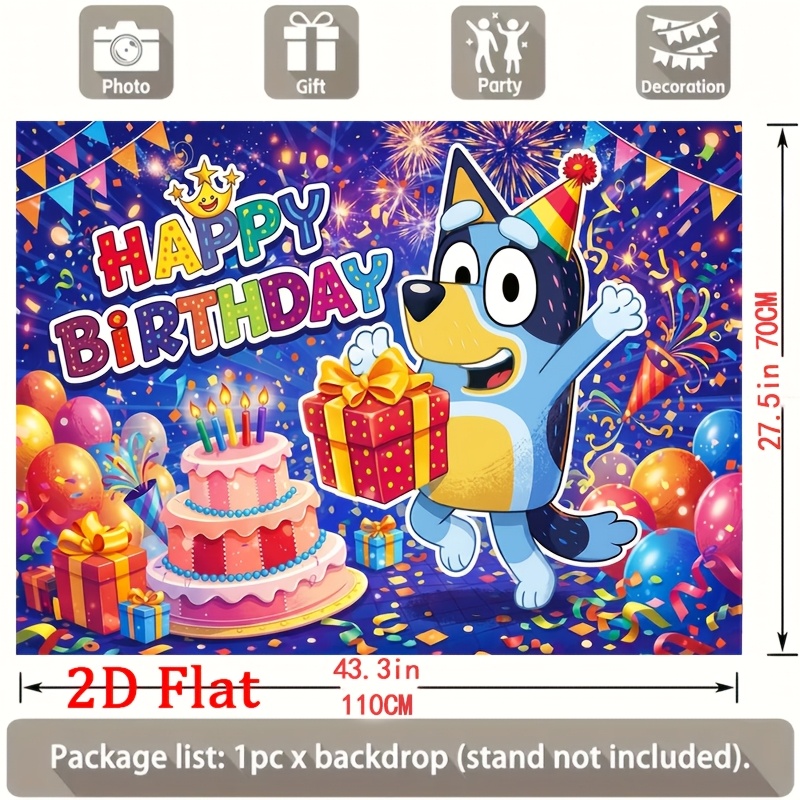TEMU 2D Plat - 2D Plat - 1 stuks Levendige Cartoon Hond In Party Hoed Met Geschenkdoos | "Happy Birthday" Feestelijke Letters Met Ballonnen, Taart,