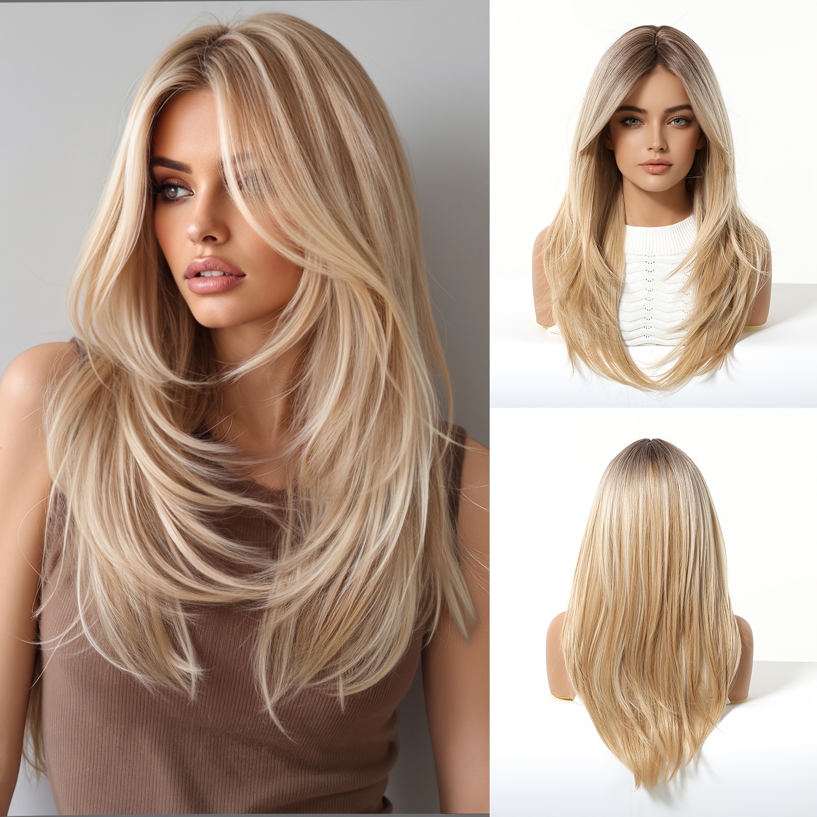 E-shop 24 Zoll Damen Schwarz Braun Champagner Gold Farbverlauf Pony Hochgestuft Lange Gerade Cap Synthetische Hochtemperatur Vollkopf Perücke,