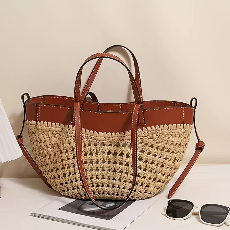 TEMU Sac à main tissé élégant pour femmes, sac de plage décontracté et de grande , fourre-tout à bandoulière en paille tissée, petite couleur vintage