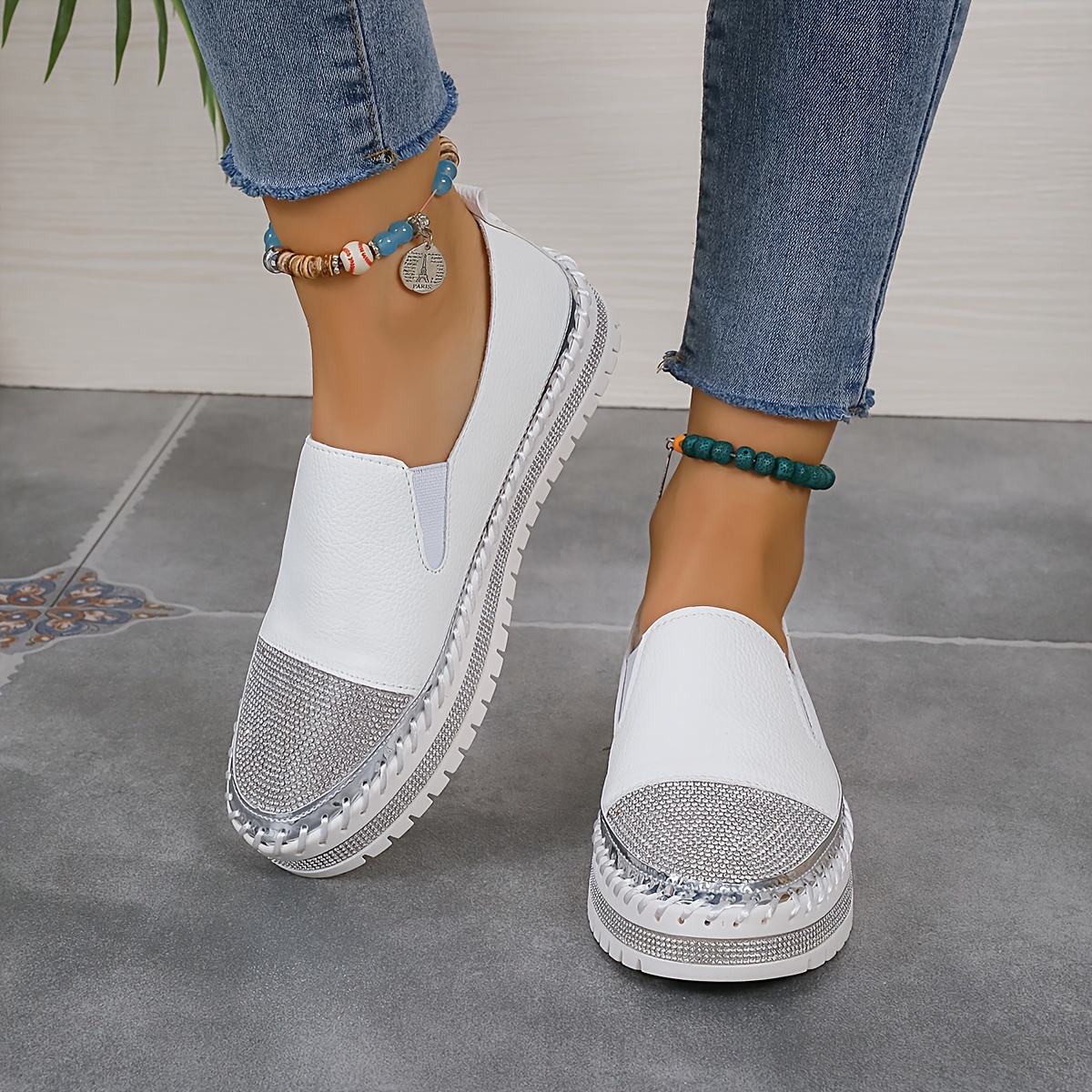 

Women's Solid Color Glitter Flats, Soft Sole Platform Slip On Walking Loafers, Rhinestone Decor Comfort Shoes