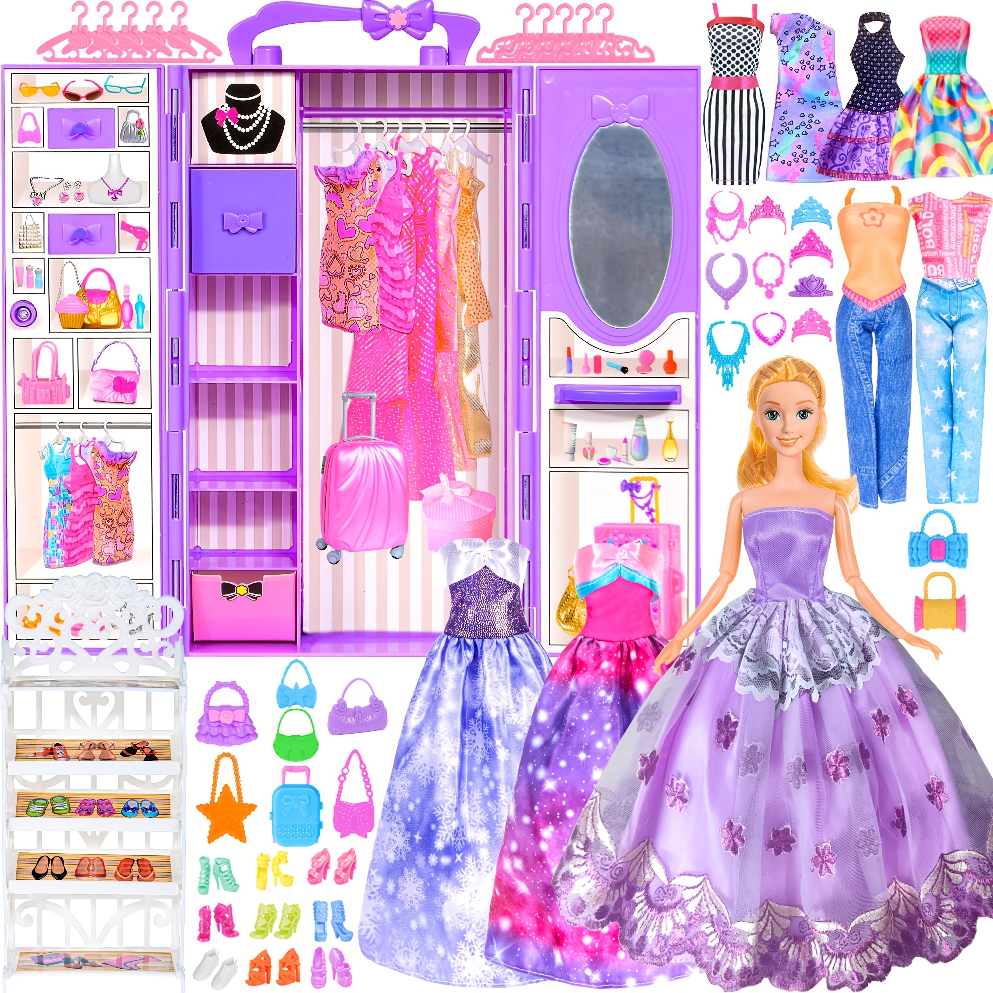 Image of 91pcs 11.5 Inch Girl Doll With Clothes Additions And Closet, Princess Gowns, Fashion Dresses, Outfits, Swimsuits, Shoes, Hangers, Doll Dress Up Toys For Girls Kids Toddlers Toy ( Doll)