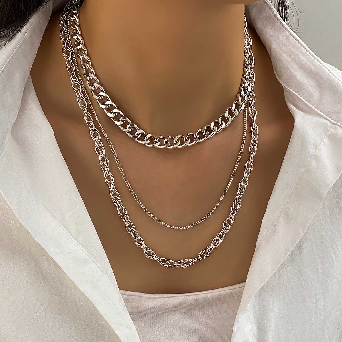 TEMU 3 pièces Collier Chaîne Métallique Argenté Multicouche Minimaliste pour Femme, Style Unisexe Accessoires Quotidiens et Soirée
