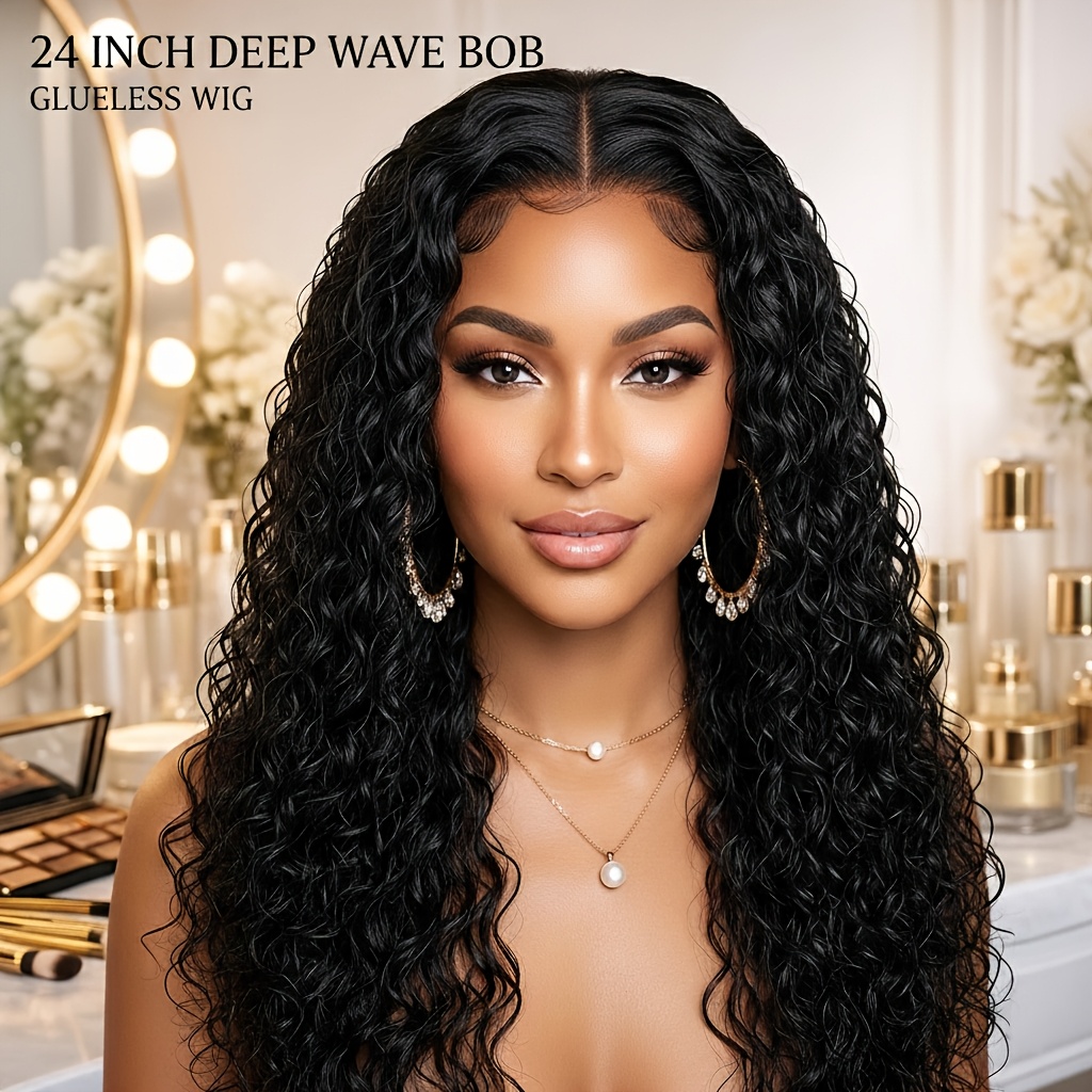 TEMU Deep Wave Wig - 24inch & 14inch Resistant Synthetic Wigs For Women, 150% Density Wavy Lace Frontal Wig, Multiple Colors