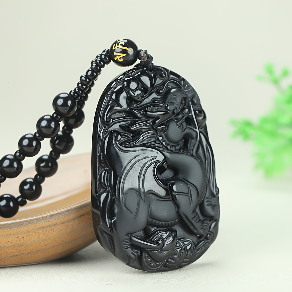 Natural Obsidian Magic Dragon Pendant Necklace, Unisex