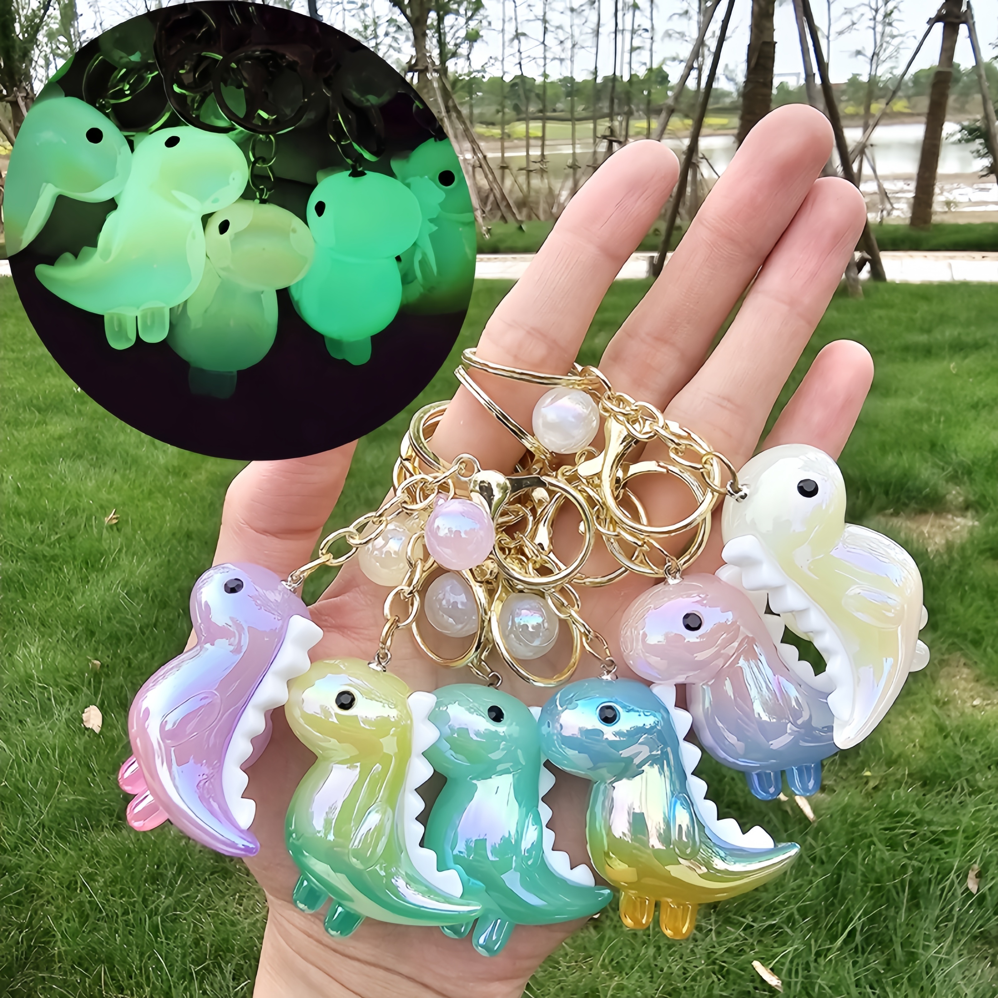 

Tanglv Glow-in-the-dark Dinosaur Keychain - Abs Material, Cartoon Design, 6 Colors, Resin, Exquisite Small Gift For Bag & Car Pendant