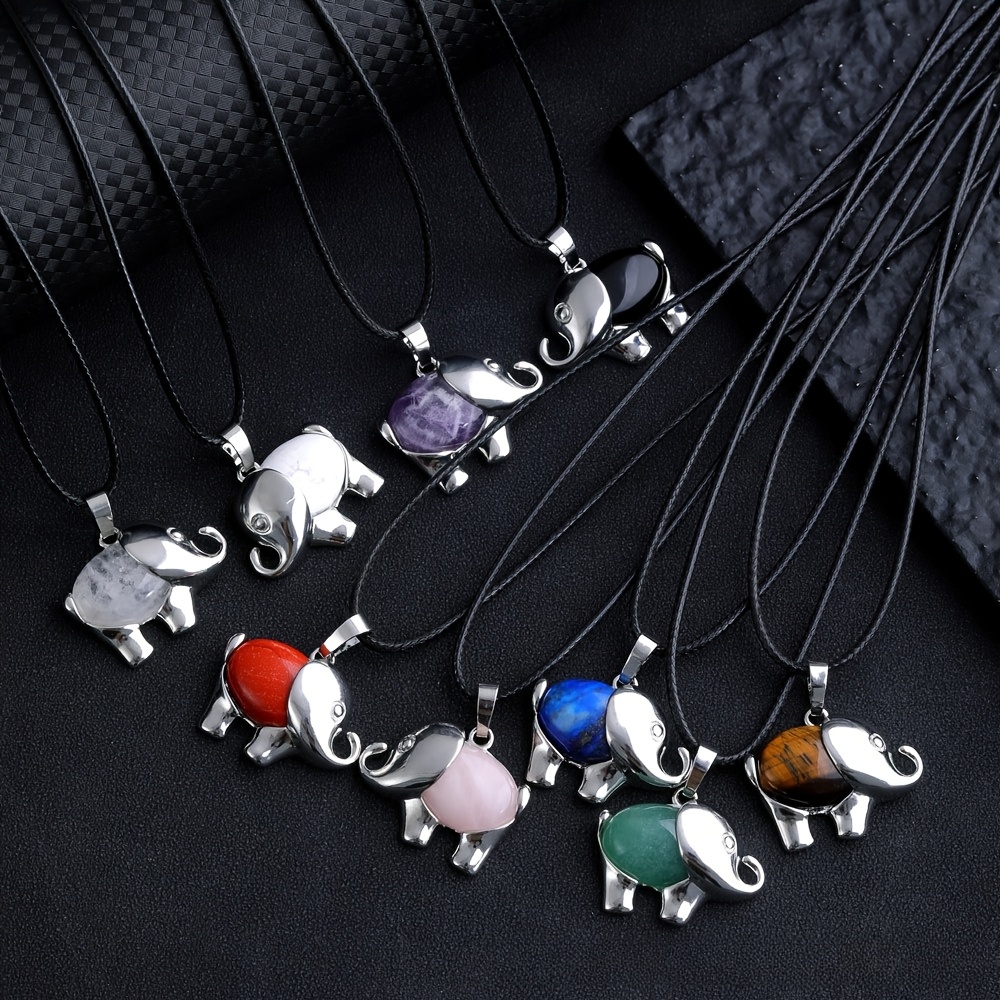 TEMU 10pcs Natural Stone Elephant Pendant Chain Necklace Set, 5pcs Natural Stone Elephant Pendant +5pcs Necklace, Daily Occasion, , Diy Making,