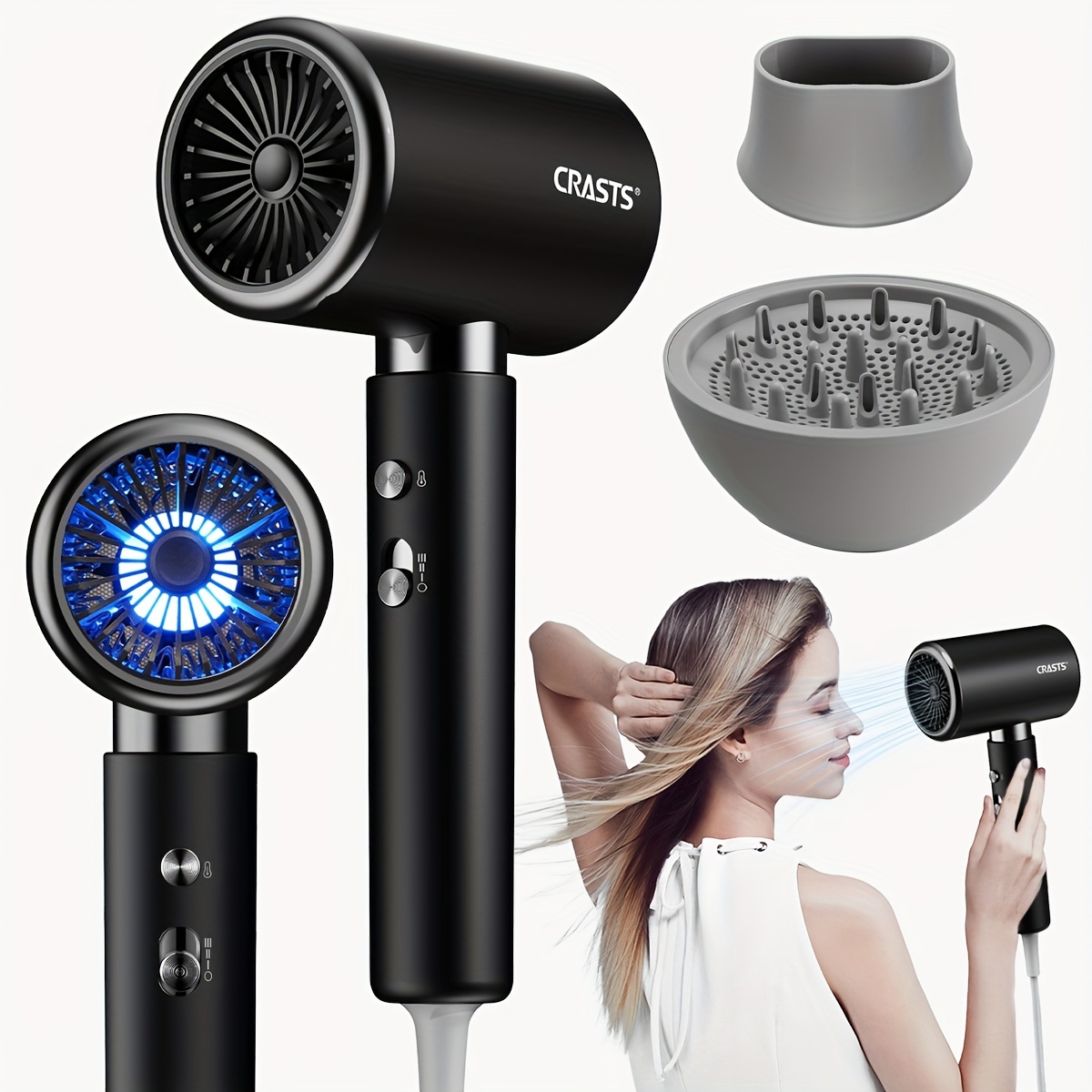 

Sèche-cheveux ionique chaud/froid, un diffuseur et un embout concentrateur, pour une utilisation en salon et à domicile.