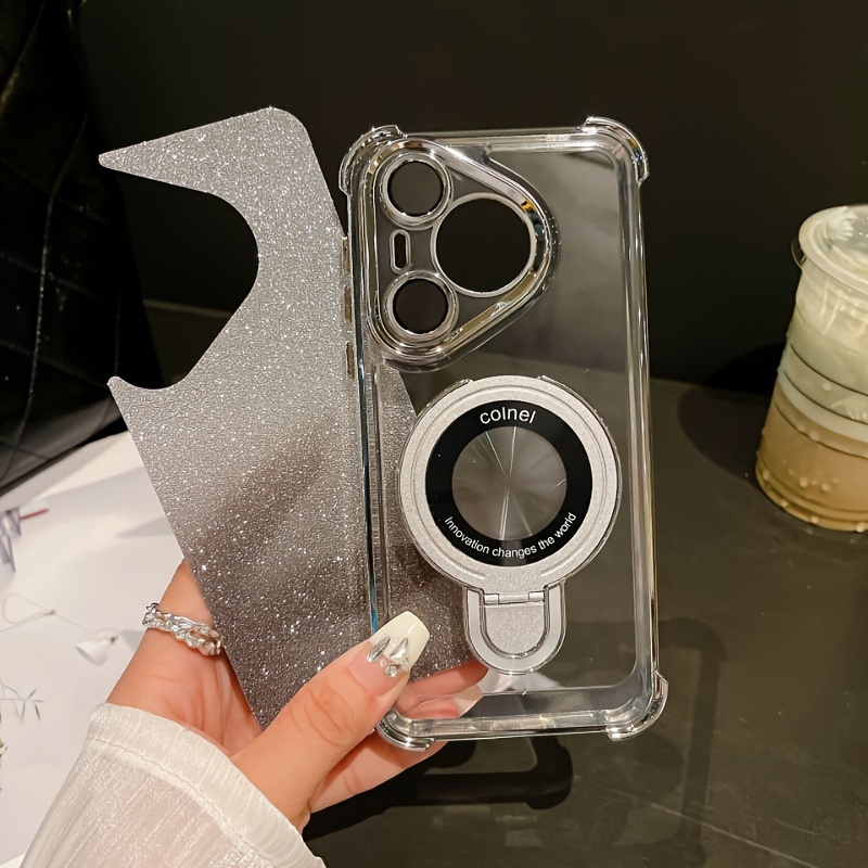 Luxury Electroplated PC Phone Case with Holder, Air Cushion, Wireless Charging for Huawei P70 - Anti-Drop Protective Shell with HD Lens Film_voghion.com