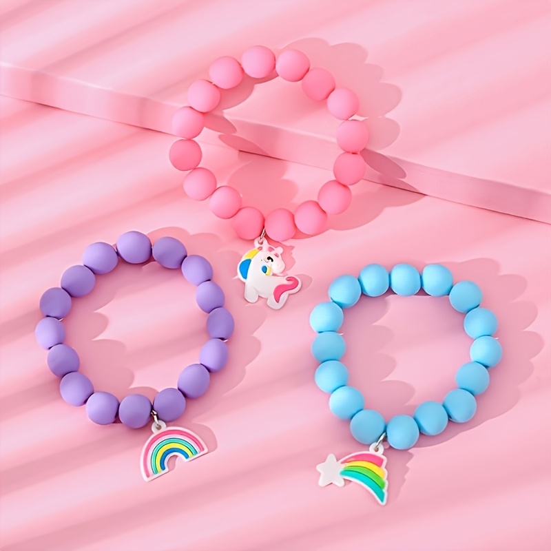 3pcs Cute Unicorn Rainbow Beaded Elastic Bracelets Set for Girls