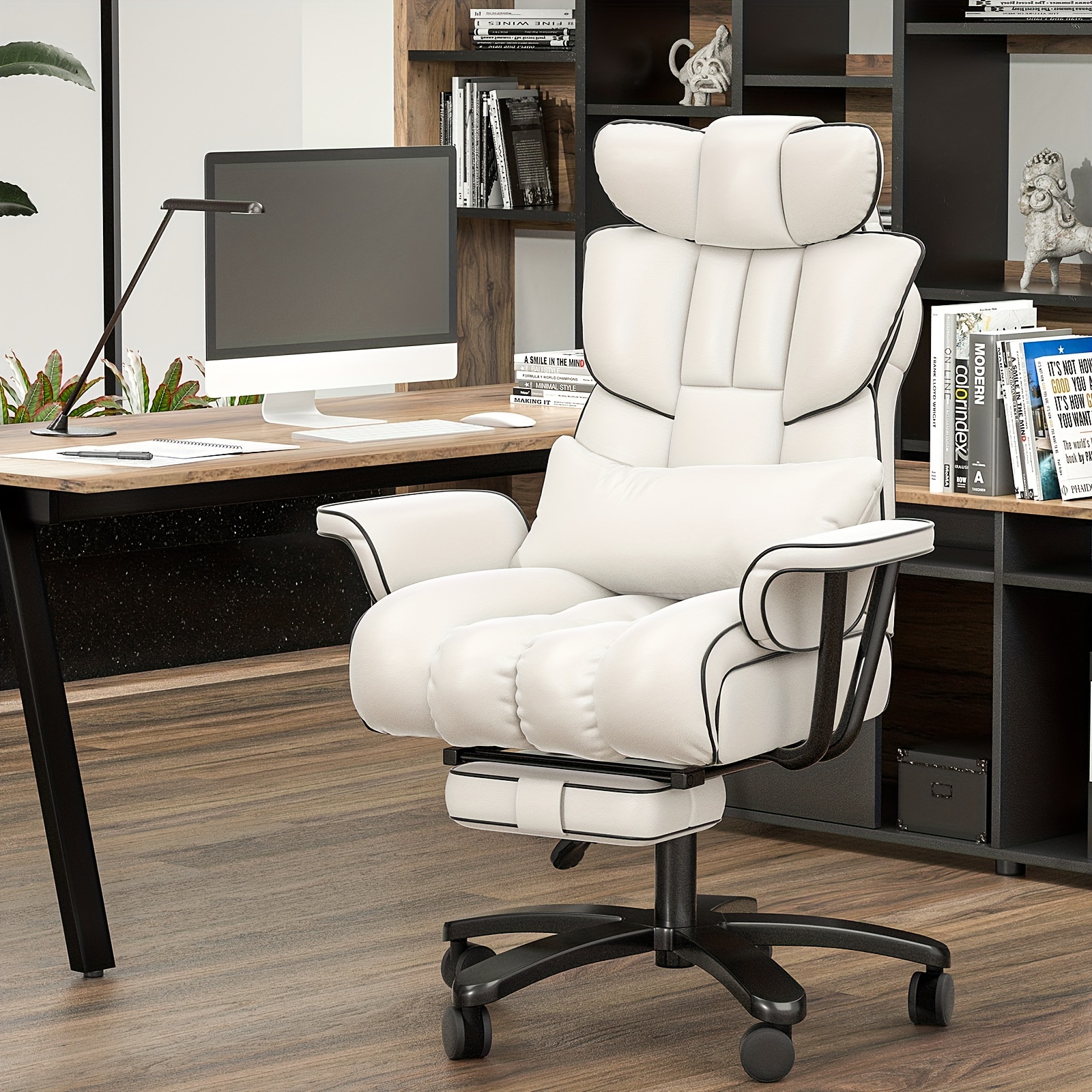 

Big And Tall Office Chair 400lbs, Reclining Executive Desk Chair With Footrest & Lumbar Support, Puls Size Office Chairs For Heavy People, High Back, Wide Seat And Arms, White