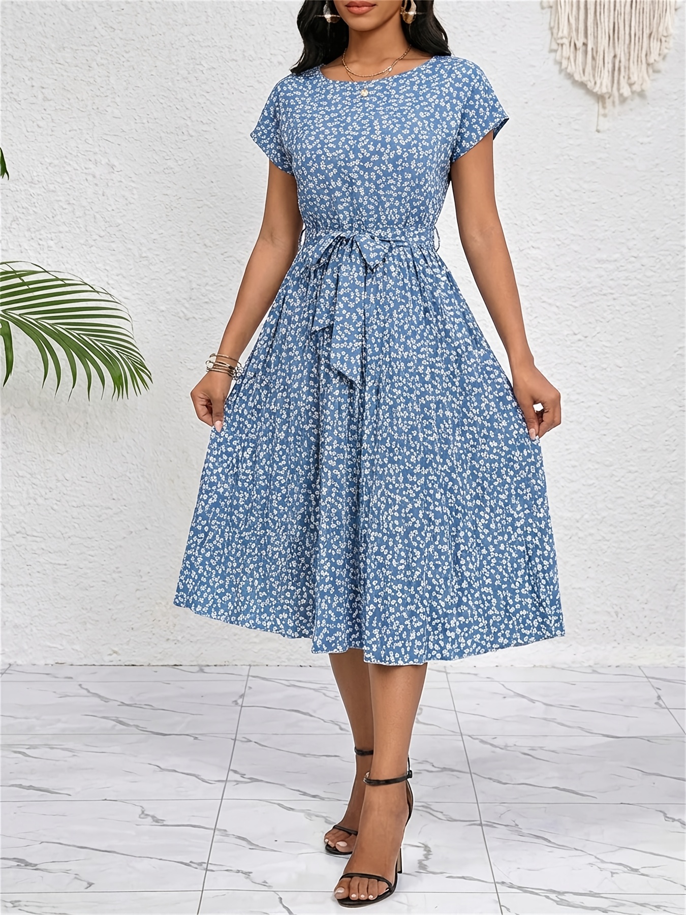 women's 100% cotton boho elegant 3/4 sleeve tie-front midi dress - flowy  swing beach dress with round neck, knee-length, machine washable, casual  streetwear for , beach clothes, wear, durable casualwear, summer outfit, ,