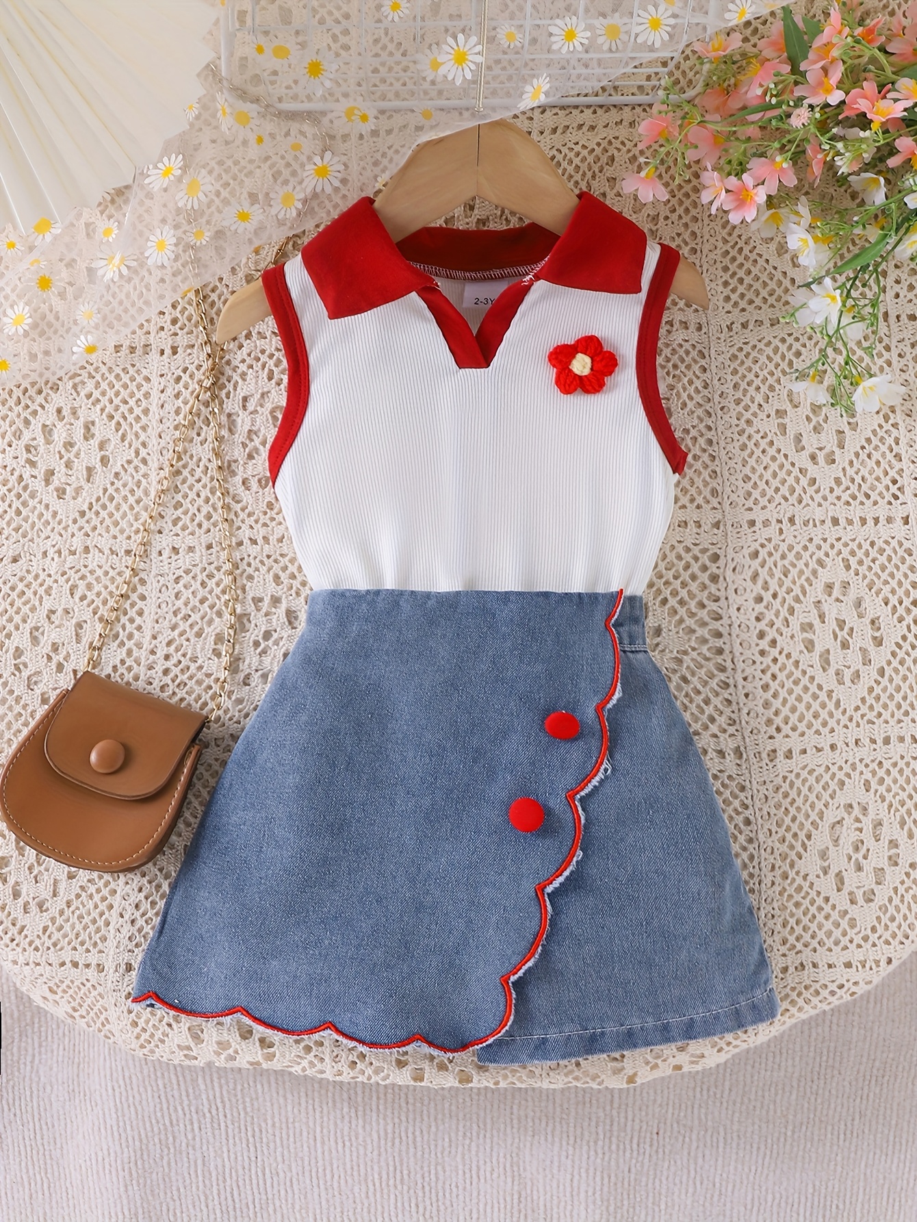 New Girls' Floral Orange And White Top with Denim Shorts Set, for Outdoor