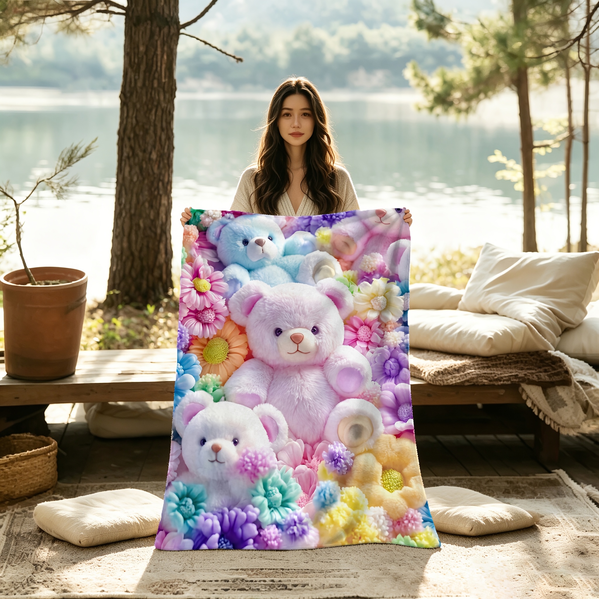 TEMU Couverture Florale à l'Imprimé Plat 2D 1 pièce, Ours en Peluche Coloré et — Convient pour Canapés-Lits, Voyages, Camping, Salons, Bureaux, etc.