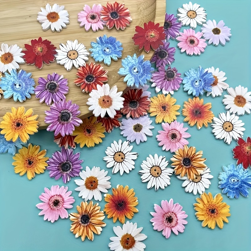 

50pcs Daisy Sunflower Button With 2 Holes, Flower-shaped Wood Decorative Buttons For Sewing Clothing, Diy Crafting Projects Decorations, Sewing Supplies