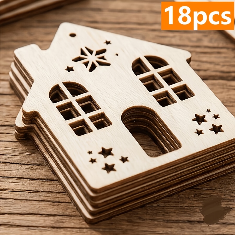 TEMU Lot de 18 ornements de bricolage de maison en bois - Chalet rustique adapté pour Noël, le An, , les anniversaires, les fêtes - Décorations à