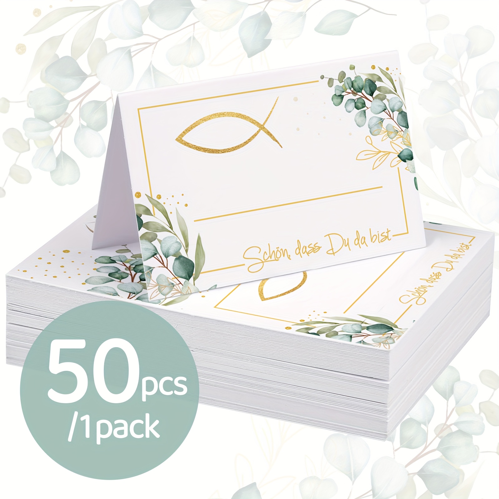 E-shop 50 Stk. Elegante Eukalyptusblätter, Goldfisch-Muster, Platzkarte, Kommunikation Bestätigung von Eukalyptus umgebenen Fischen, Weißer Eukalyptus