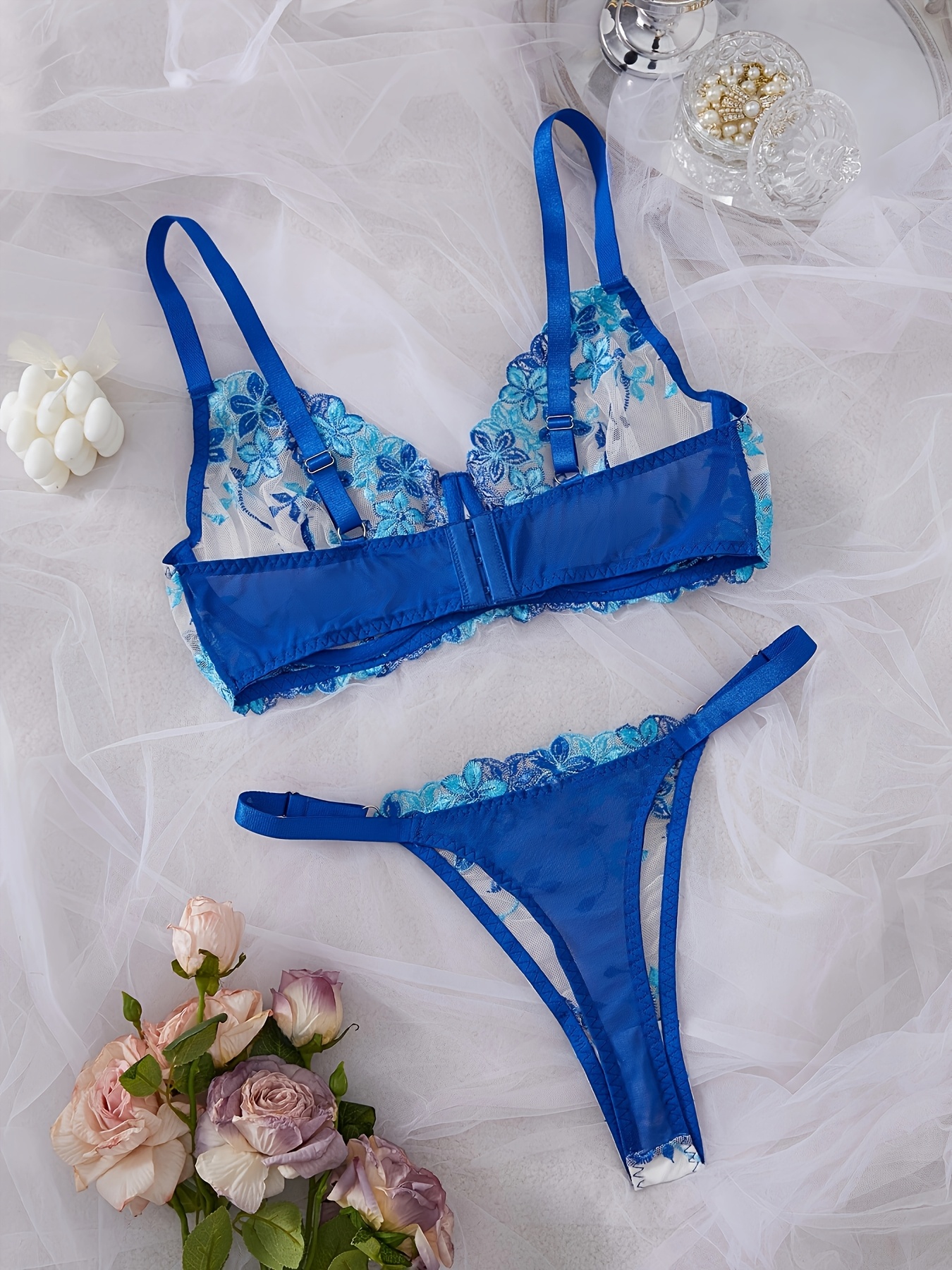 Elegant Floral Embroidered Lingerie Set for Women, Mesh Embroidered Bra And Panties, Plus Size Sexy Lingerie