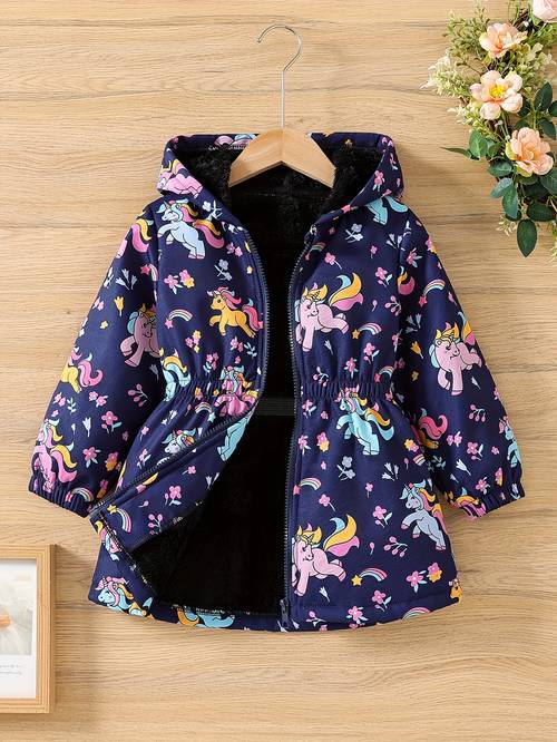 autumn and winter girls fashion new cute and cartoon unicorn print drop shoulder long sleeved metal zipper hooded waist umbrella skirt hem fleece warm daily casual vacation party comfortable coat